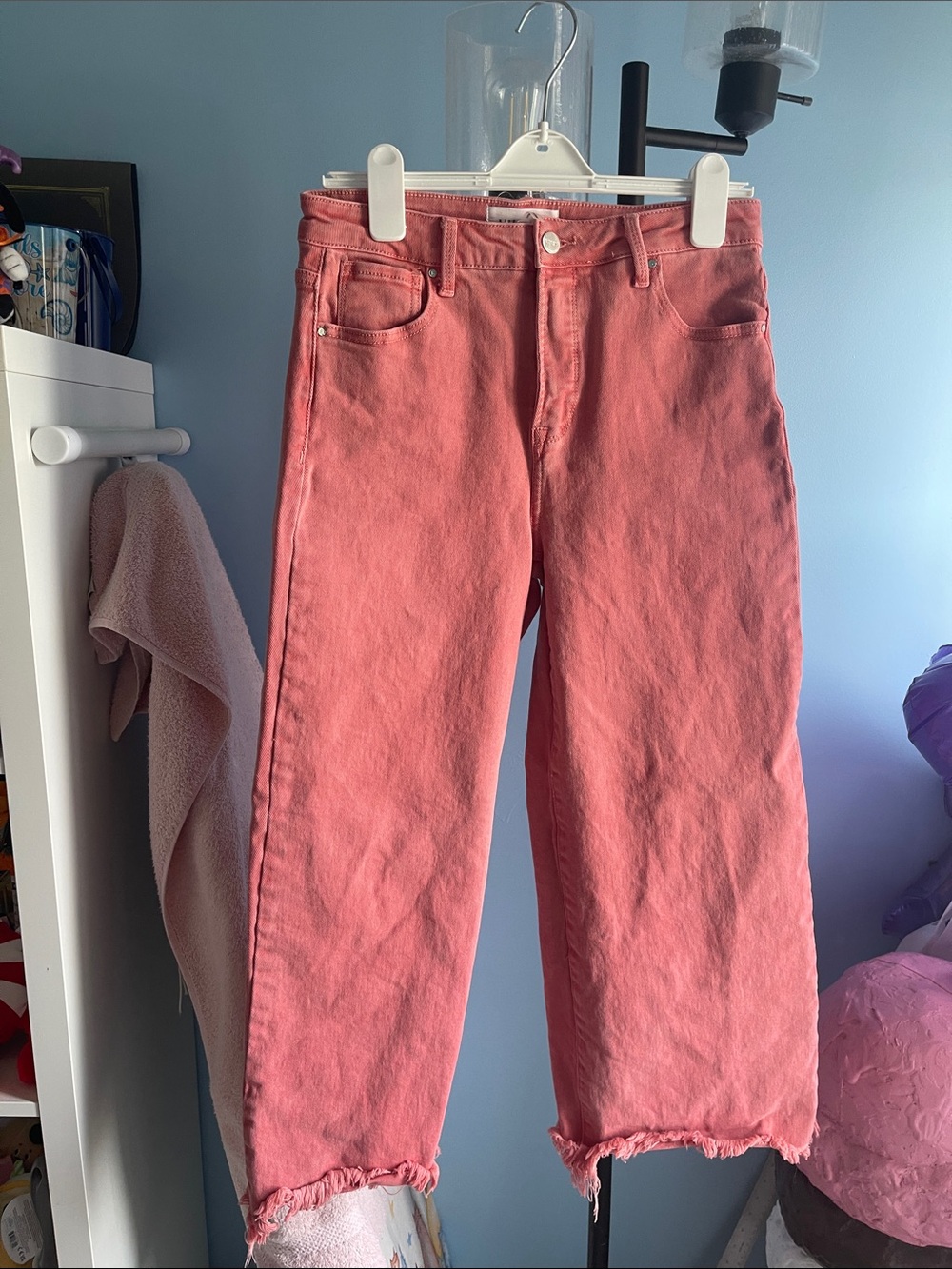 High-Rise Coral Straight Leg Jeans with Raw Hem